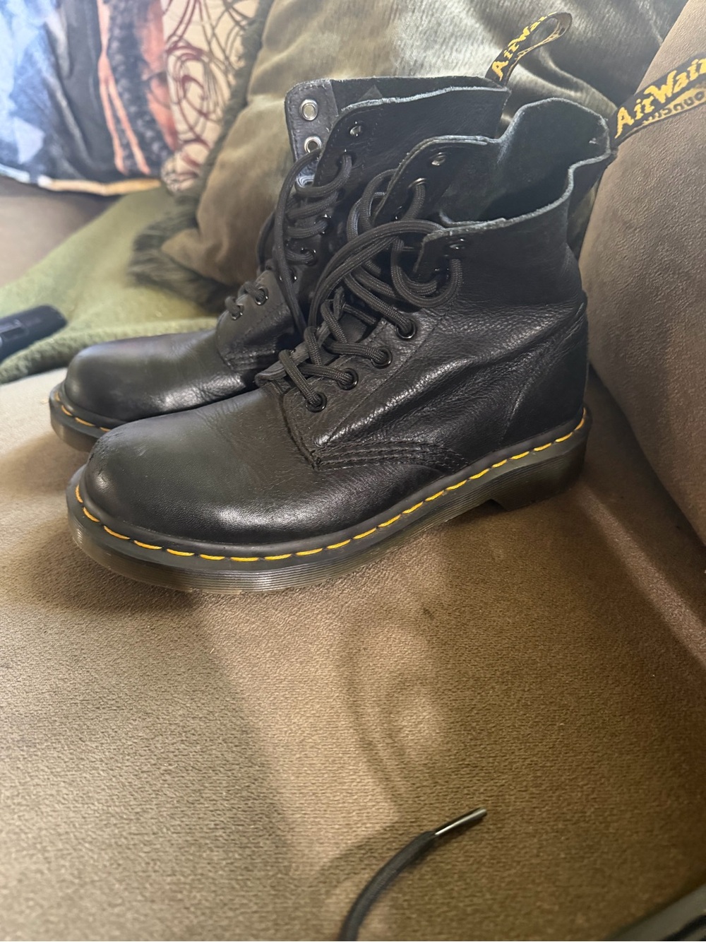 Doc Martens Black Leather Lace-Up Boots with Yellow Stitching
